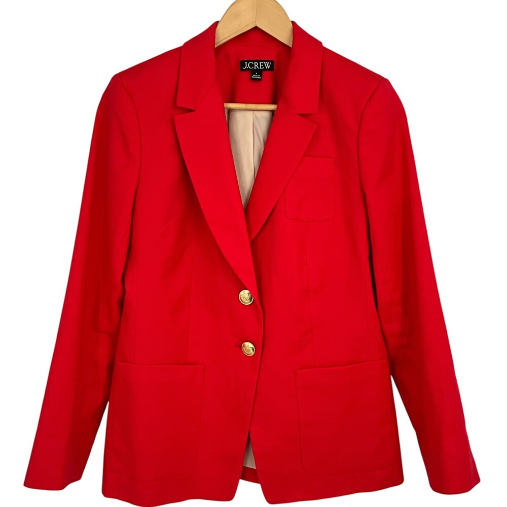 J Crew Helena Blazer Stretch Linen Belvedere Red Size 4 Casual Gold Buttons